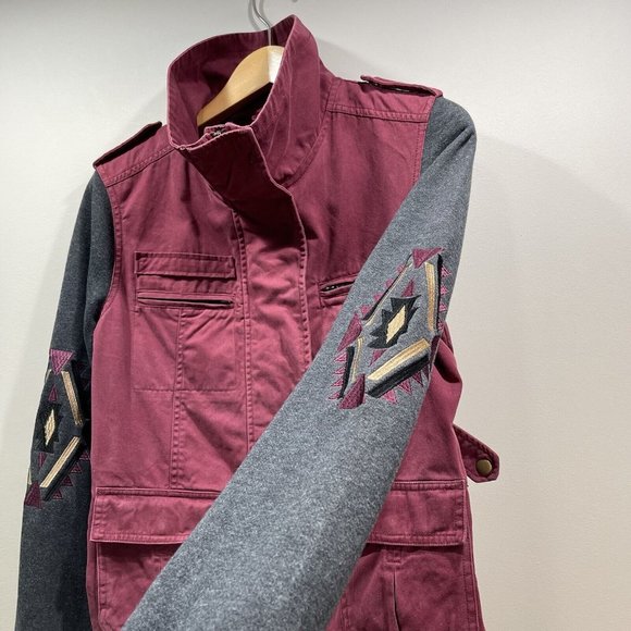 LA Hearts Womens M High Neck Embroidered Utility Jacket Boho Southwest Burgundy - Picture 5 of 12